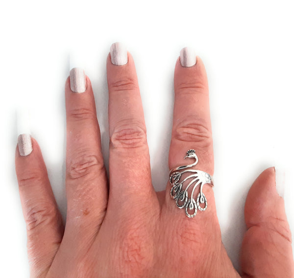 Sterling Silver Yarn Ring Fancy Peacock Adjustable Size Crochet Ring Beginner Knitting Crocheting Gift Crochet Tension Regulator Tool