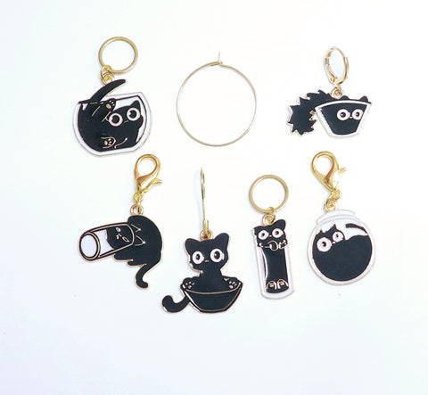 Stitch Markers 6pc Funny Black Cats Progress Keeper Charms for Crochet & Knitting