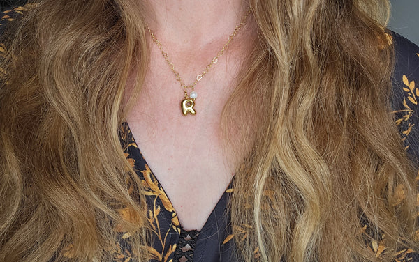 Custom Balloon Letter & Pearl Necklace 18K Gold Stainless Steel Initial Charm Puffy Bubble Font Jewelry Trendy Personalized Gift for Her