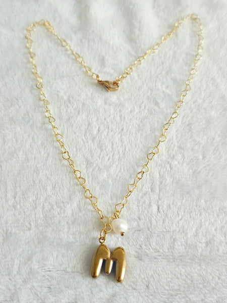 Custom Balloon Letter & Pearl Necklace 18K Gold Stainless Steel Initial Charm Puffy Bubble Font Jewelry Trendy Personalized Gift for Her