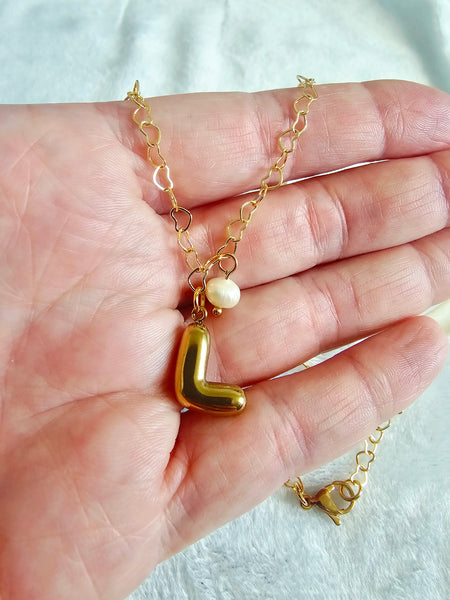 Custom Balloon Letter & Pearl Necklace 18K Gold Stainless Steel Initial Charm Puffy Bubble Font Jewelry Trendy Personalized Gift for Her