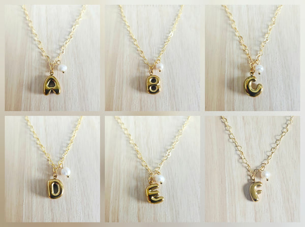 Custom Balloon Letter & Pearl Necklace 18K Gold Stainless Steel Initial Charm Puffy Bubble Font Jewelry Trendy Personalized Gift for Her