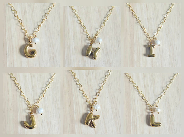 Custom Balloon Letter & Pearl Necklace 18K Gold Stainless Steel Initial Charm Puffy Bubble Font Jewelry Trendy Personalized Gift for Her