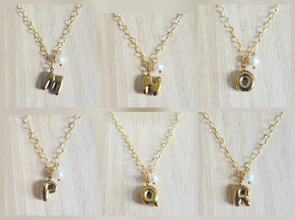 Custom Balloon Letter & Pearl Necklace 18K Gold Stainless Steel Initial Charm Puffy Bubble Font Jewelry Trendy Personalized Gift for Her