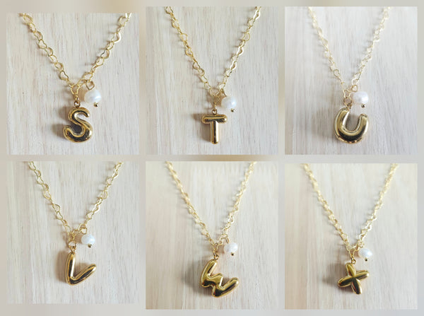 Custom Balloon Letter & Pearl Necklace 18K Gold Stainless Steel Initial Charm Puffy Bubble Font Jewelry Trendy Personalized Gift for Her