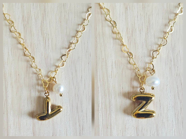 Custom Balloon Letter & Pearl Necklace 18K Gold Stainless Steel Initial Charm Puffy Bubble Font Jewelry Trendy Personalized Gift for Her