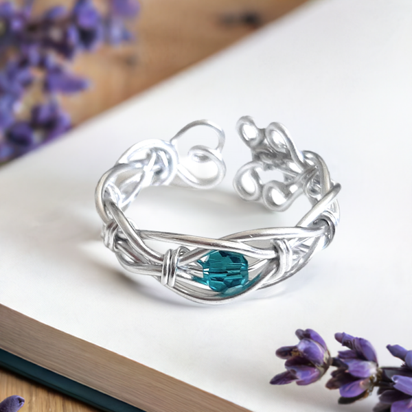 Adjustable Wire Wrapped Birthstone Ring - December Blue Zircon