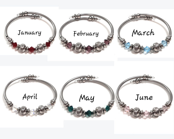 Birth Month Bangle Bracelet Easy Slip On No Clasp Stainless Steel Swarovski Birthstone Memory Wire Bracelet Birthday Gift for Her
