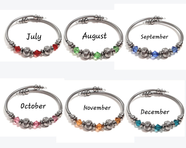 Birth Month Bangle Bracelet Easy Slip On No Clasp Stainless Steel Swarovski Birthstone Memory Wire Bracelet Birthday Gift for Her