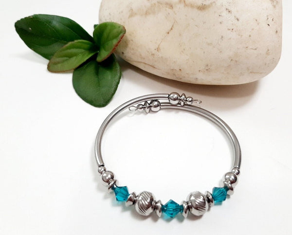 Birth Month Bangle Bracelet Easy Slip On No Clasp Stainless Steel Swarovski Birthstone Memory Wire Bracelet Birthday Gift for Her