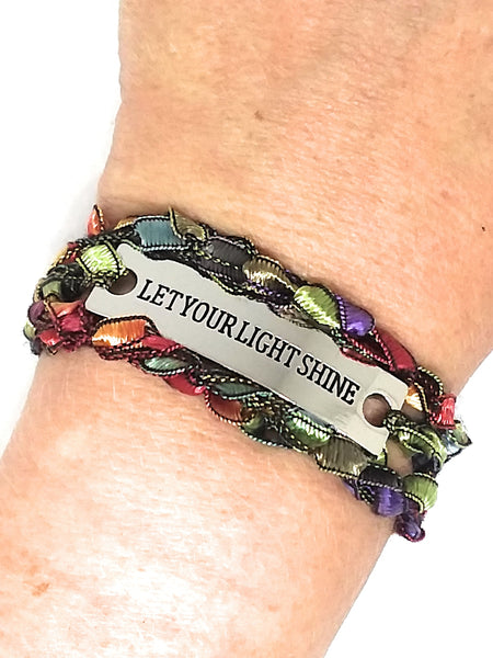 Inspirational Message Crocheted Ladder Yarn Wrap Around Bracelet - LET YOUR LIGHT SHINE