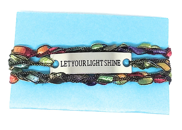 Inspirational Message Crocheted Ladder Yarn Wrap Around Bracelet - LET YOUR LIGHT SHINE