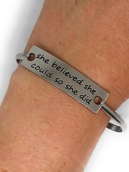 Stainless Steel Inspirational Message Connector Bangle Bracelet - she believed she could so she did
