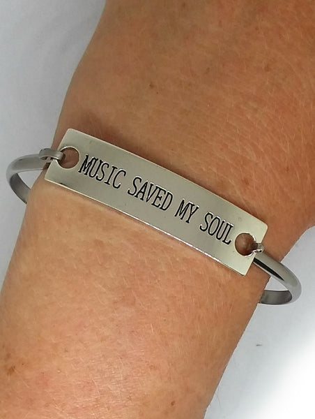 Stainless Steel Inspirational Message Connector Bangle Bracelet - MUSIC SAVED MY SOUL