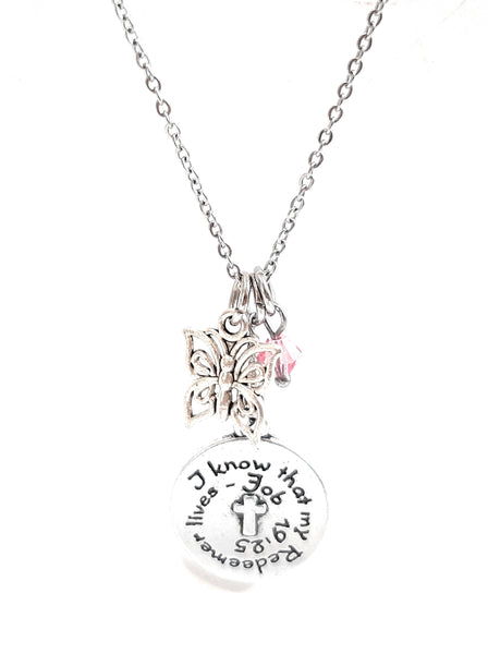 Bible Verse Christian Pendant Necklace "I Know That My Redeemer Lives" with Your Choice of Charm and Birthstone Color