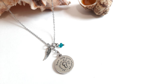 Bible Verse Christian Pendant Necklace "I Am With You Always" with Your Choice of Charm and Birthstone Color