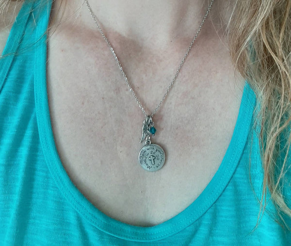 Bible Verse Christian Pendant Necklace "I Am With You Always" with Your Choice of Charm and Birthstone Color