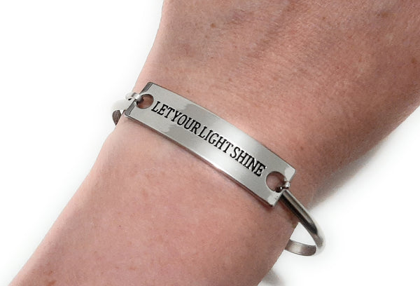 Stainless Steel Inspirational Message Connector Bangle Bracelet - LET YOUR LIGHT SHINE