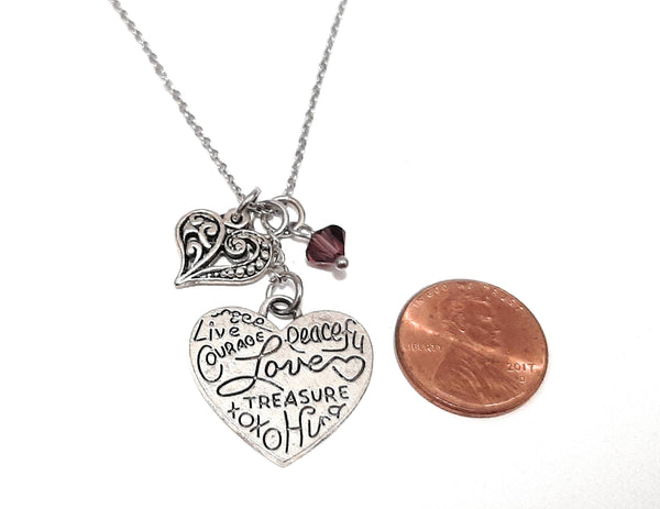 Heart Shaped Loving Word Pendant Necklace "Courage Peaceful Love Treasure..." Your Choice of Charm and Birthstone Color