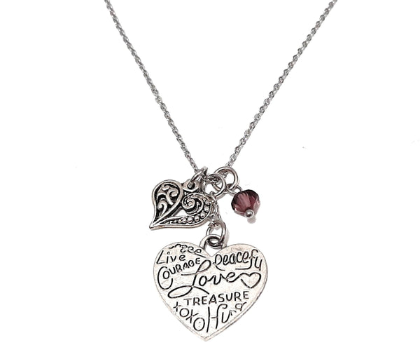 Heart Shaped Loving Word Pendant Necklace "Courage Peaceful Love Treasure..." Your Choice of Charm and Birthstone Color