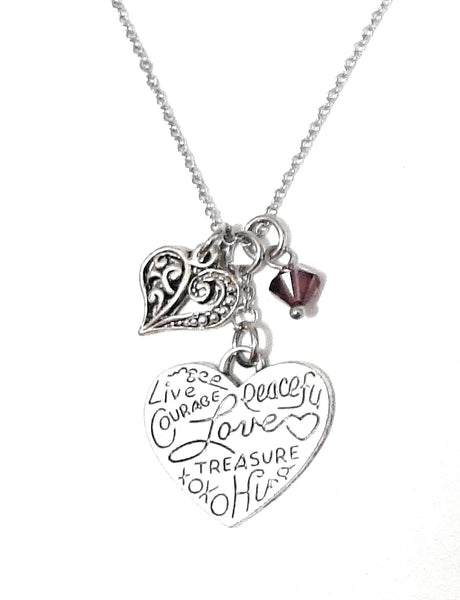 Heart Shaped Loving Word Pendant Necklace "Courage Peaceful Love Treasure..." Your Choice of Charm and Birthstone Color