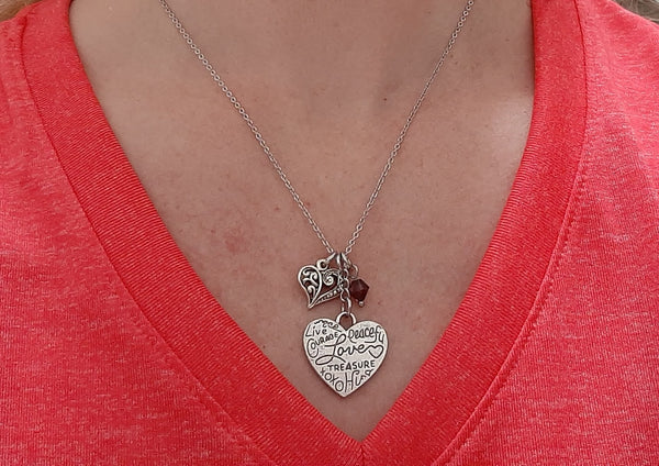 Heart Shaped Loving Word Pendant Necklace "Courage Peaceful Love Treasure..." Your Choice of Charm and Birthstone Color