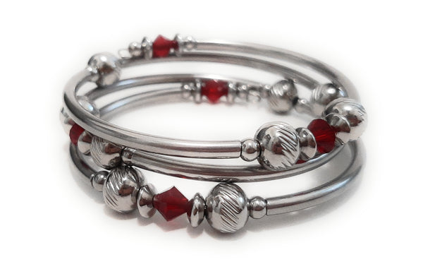 Stainless Steel Swarovski Birthstone Memory Wire Bracelet - January Garnet