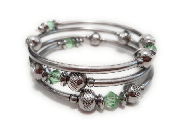 Stainless Steel Swarovski Birthstone Memory Wire Bracelet - August Peridot