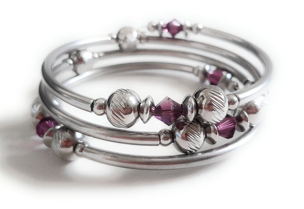 Stainless Steel Swarovski Birthstone Memory Wire Bracelet - February Amethyst