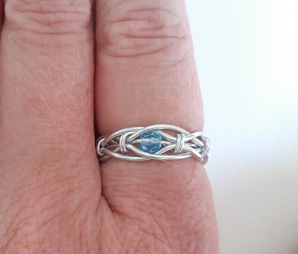 Adjustable Wire Wrapped Birthstone Ring - March Aquamarine