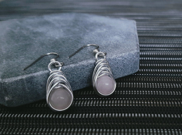 Wire Wrapped Rose Quartz Elegant Herringbone Weave Drop Dangle Bead Earrings