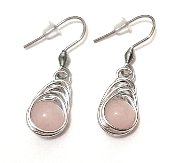 Wire Wrapped Rose Quartz Elegant Herringbone Weave Drop Dangle Bead Earrings