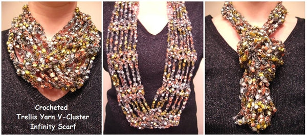 Crocheted Trellis Ladder Yarn V-Cluster Infinity Scarf Pattern - Instant Digital Download