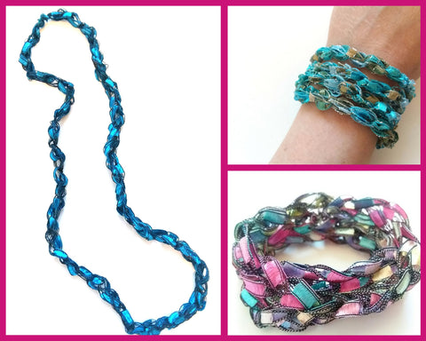 Crocheted Trellis Ladder Yarn Long Necklace or Wrap-Around Bracelet