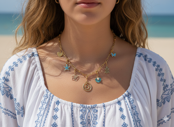 Gold Charm Necklace with Removable Beach Charms (Blue) – Paperclip Chain Stainless Steel Layering Necklace – Interchangeable Clip-On Charms