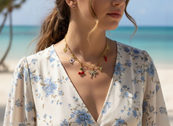 Gold Charm Necklace with Removable Beach Charms (Red/White) – Paperclip Chain Stainless Steel Layering Necklace – Interchangeable Clip-On Charms