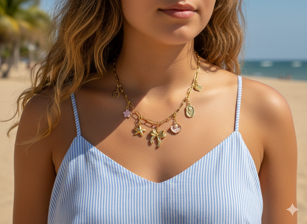 Gold Charm Necklace with Removable Beach Charms (Pink) – Paperclip Chain Stainless Steel Layering Necklace – Interchangeable Clip-On Charms