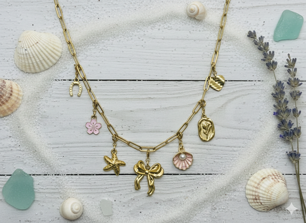 Gold Charm Necklace with Removable Beach Charms (Pink) – Paperclip Chain Stainless Steel Layering Necklace – Interchangeable Clip-On Charms