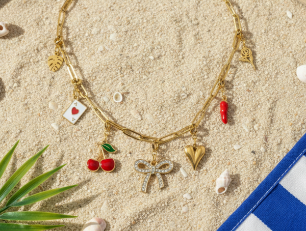 Gold Charm Necklace with Removable Beach Charms (Red/White) – Paperclip Chain Stainless Steel Layering Necklace – Interchangeable Clip-On Charms