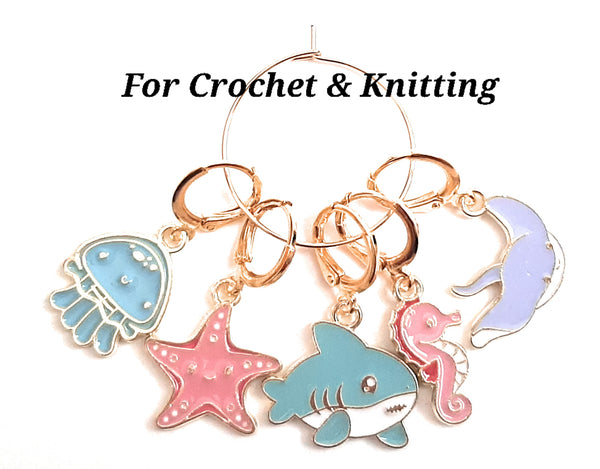 Stitch Markers 5pc Sea Life Starfish Shark Seahorse Charms for Crochet & Knitting