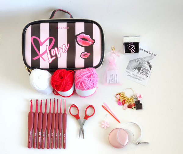 Beginner Crochet Girly Gift Kit Yarn Tension Ring Stitch Marker Set Valentines Pouch Gift Bag Red Crochet Hook Set Scissors Tool