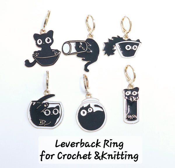 Stitch Markers 6pc Funny Black Cats Progress Keeper Charms for Crochet & Knitting