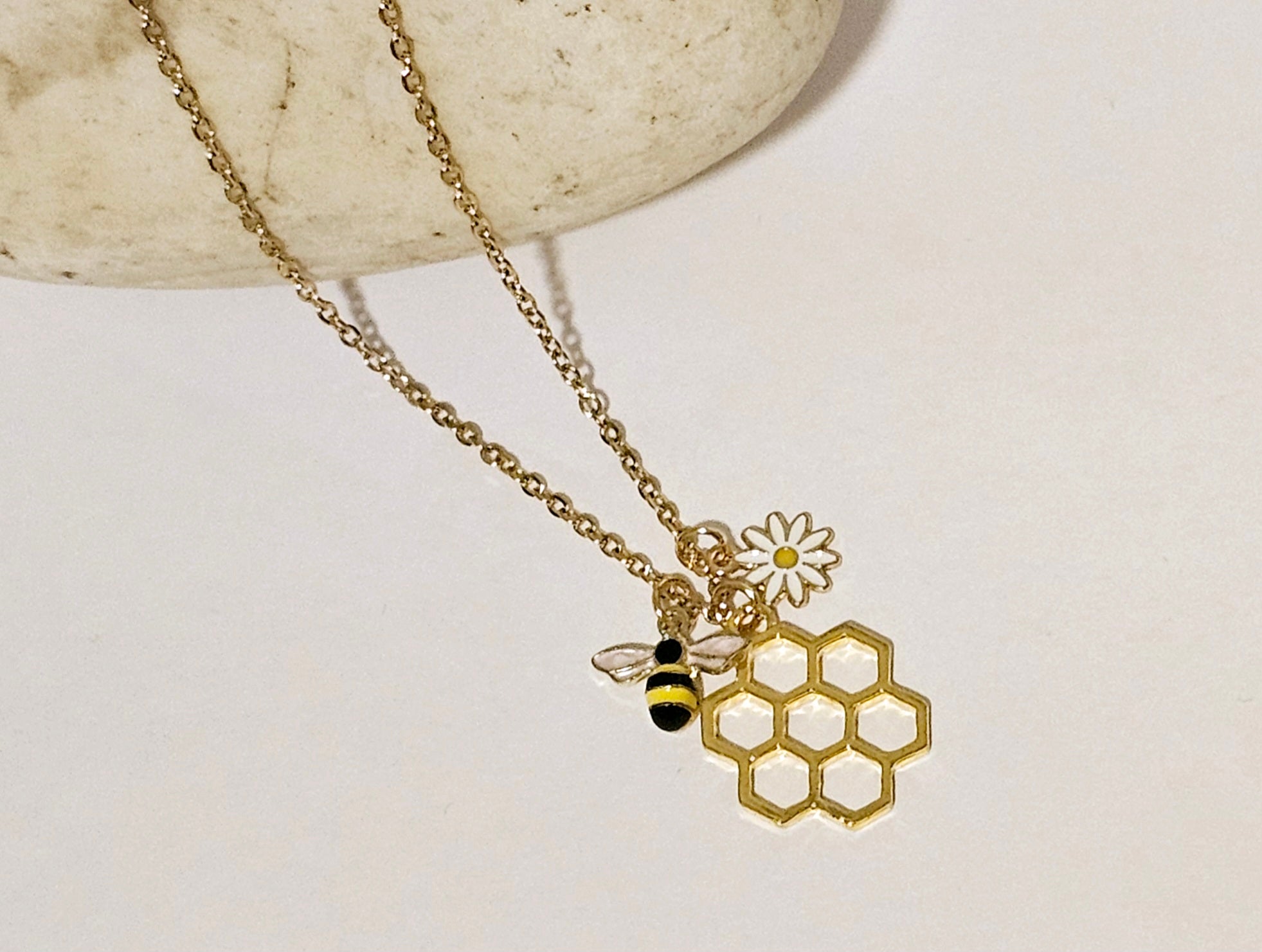 Bee Flower Honey Comb Charm Cluster Necklace with Gold Stainless Steel Chain