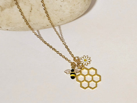 Bee Flower Honey Comb Charm Cluster Necklace with Gold Stainless Steel Chain