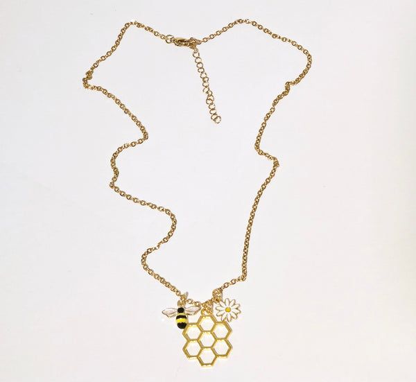 Bee Flower Honey Comb Charm Cluster Necklace with Gold Stainless Steel Chain