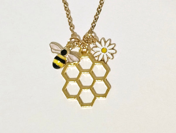 Bee Flower Honey Comb Charm Cluster Necklace with Gold Stainless Steel Chain