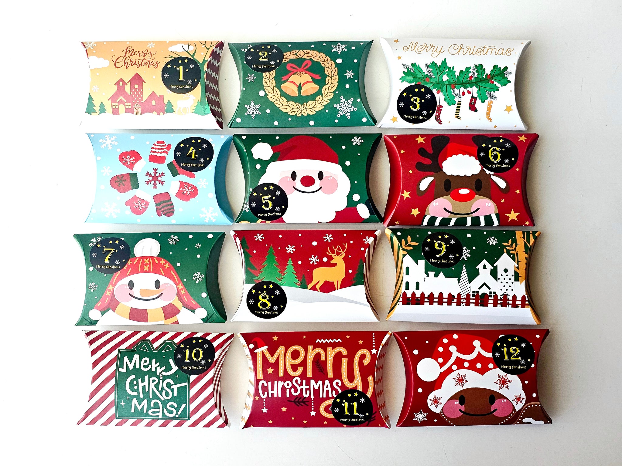 12 Day Advent Calendar Empty Pillow Box Set DIY Make your own Countdown to Christmas Calendar Holiday Themed Numbered Boxes Blind Box