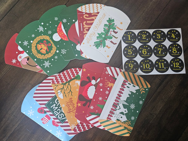 12 Day Advent Calendar Empty Pillow Box Set DIY Make your own Countdown to Christmas Calendar Holiday Themed Numbered Boxes Blind Box