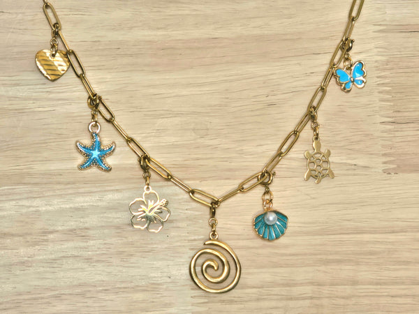 Gold Charm Necklace with Removable Beach Charms (Blue) – Paperclip Chain Stainless Steel Layering Necklace – Interchangeable Clip-On Charms