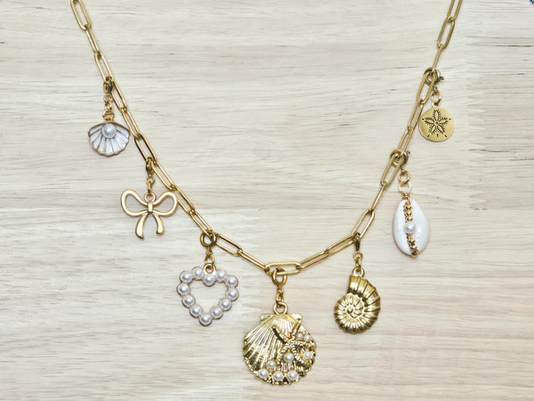 Gold Charm Necklace with Removable Beach Charms (White/Pearl) – Paperclip Chain Stainless Steel Layering Necklace – Interchangeable Clip-On Charms